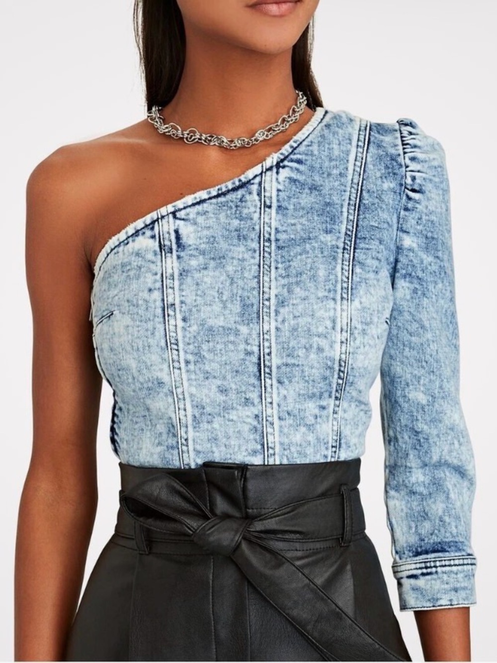 Retrofete Mara Asymmetrical One-Shoulder Acid Washed Denim Crop Top - Blue